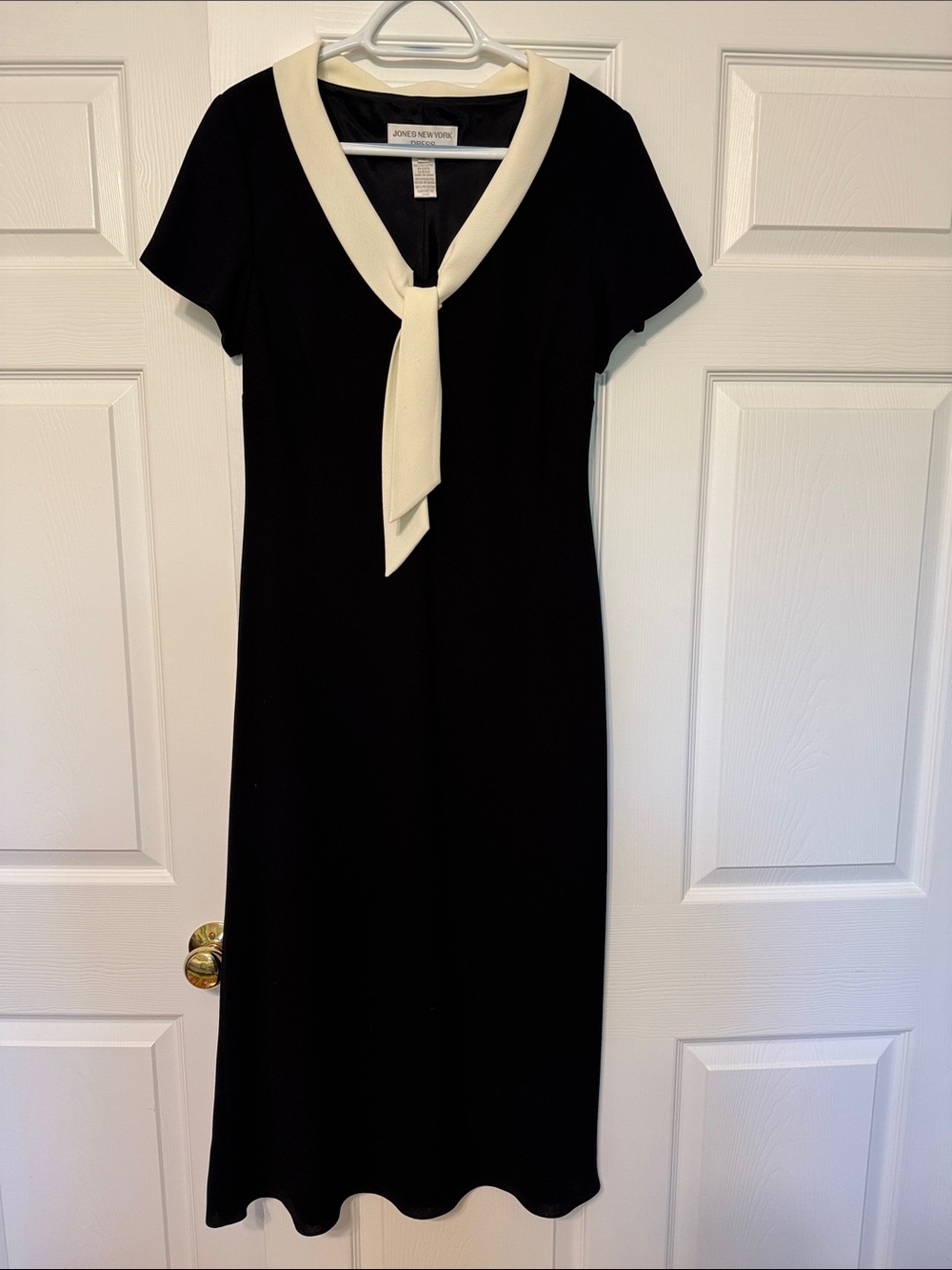 Jones New York Black Midi Dress with Cream Tie-Neck